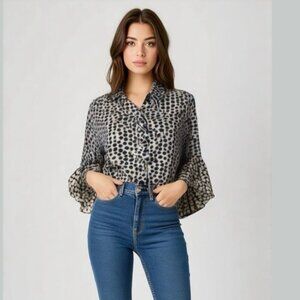 CATO Blue Beige Polka Dot Bell Sleeve Top